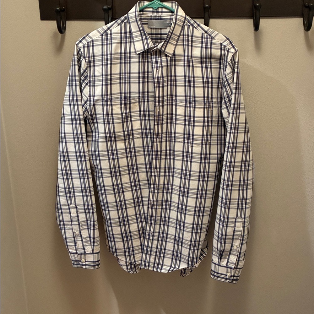 Vince Men's Navy and White Plaid Button Down Shirt, size Medium